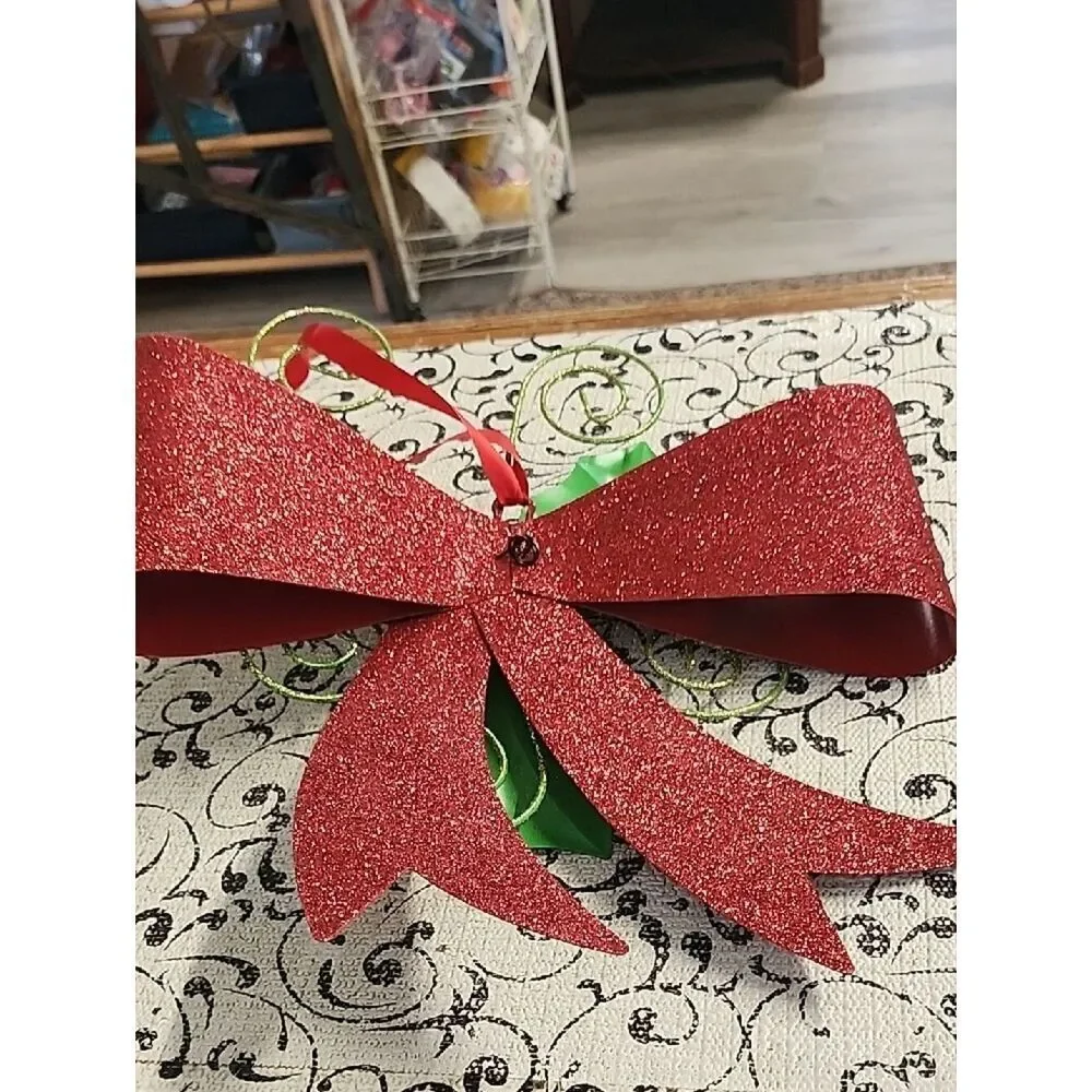 Holiday Red Polka Dot Bow with Green Holly Door Decration